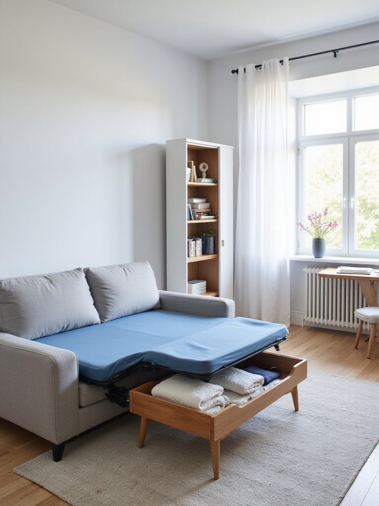Small living room with multi-functional furniture: sofa bed, storage coffee table, and fold-down desk bookshelf.