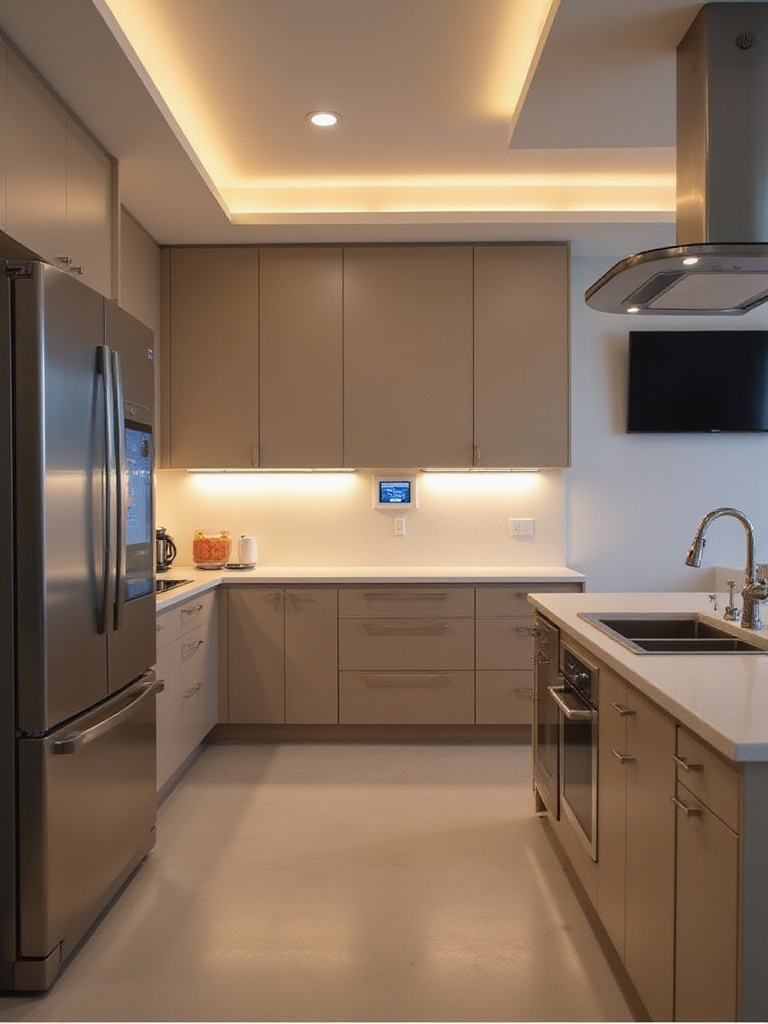 Modern kitchen with smart appliances and integrated technology.