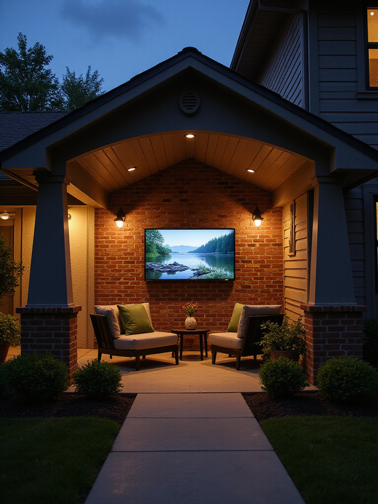 Modern porch with smart lighting, outdoor TV, and automated plant watering.