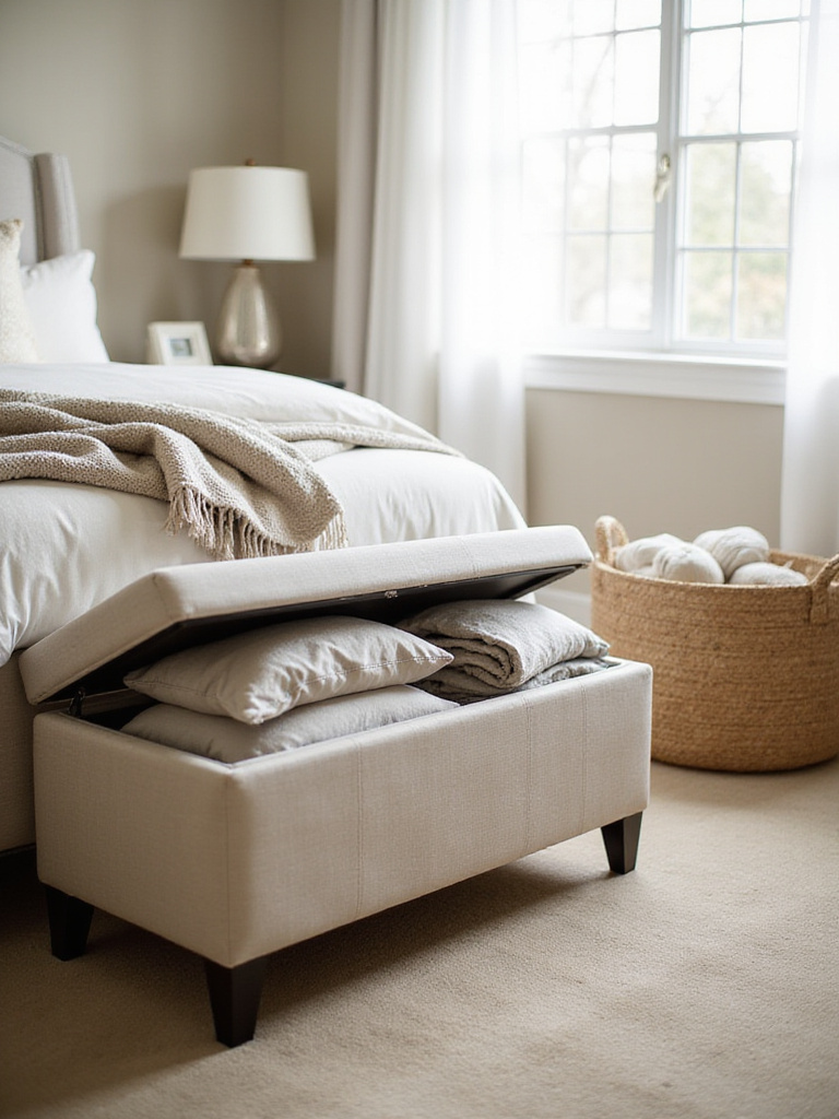 Bedroom with storage ottoman and woven basket for blankets