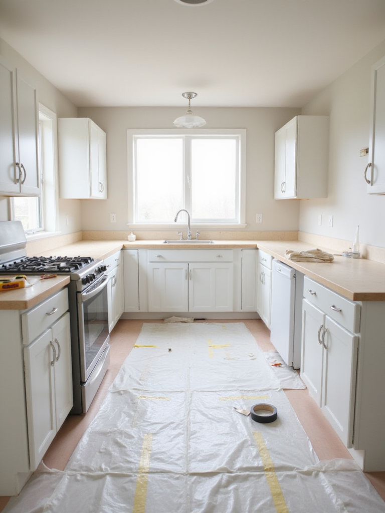 Empty kitchen prepped for cabinet installation with protected floors and appliances.