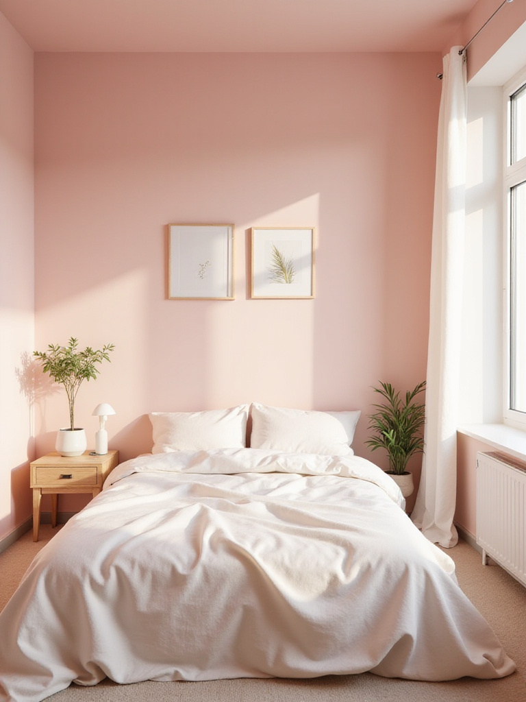 Bedroom with soft blush pink walls and minimalist decor.
