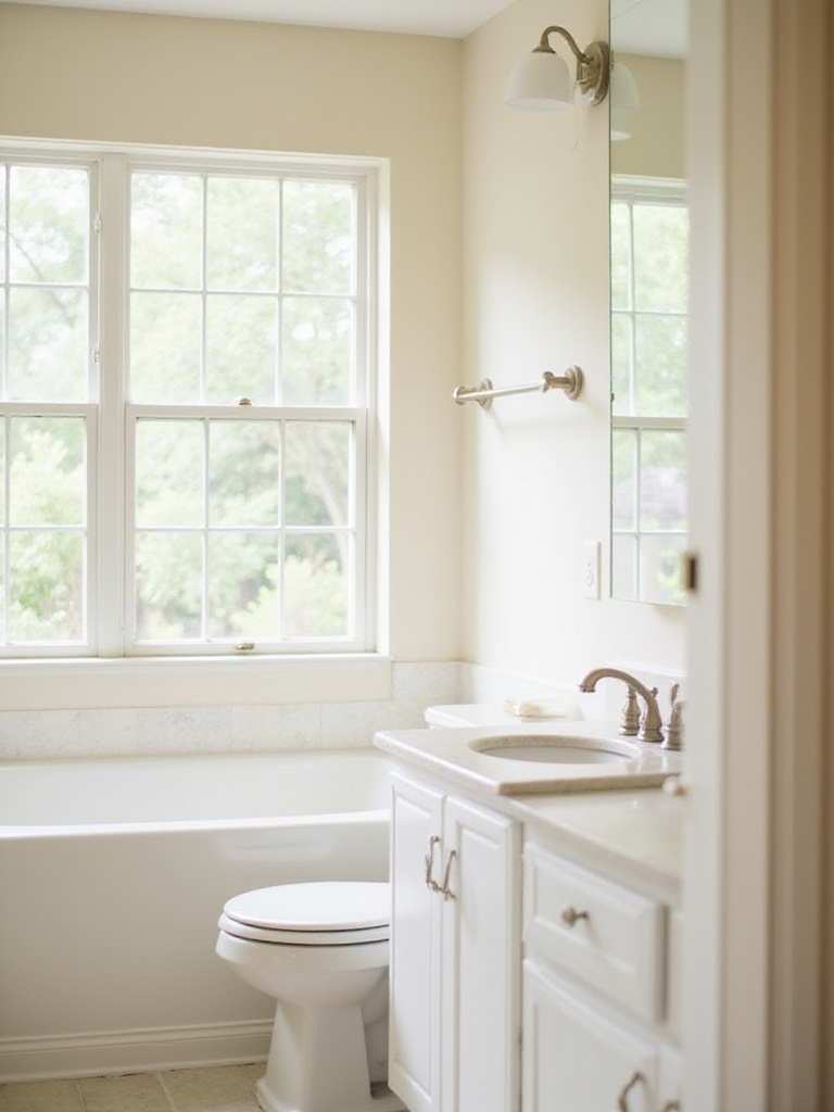 Bathroom with soft off-white walls, white vanity, and natural light