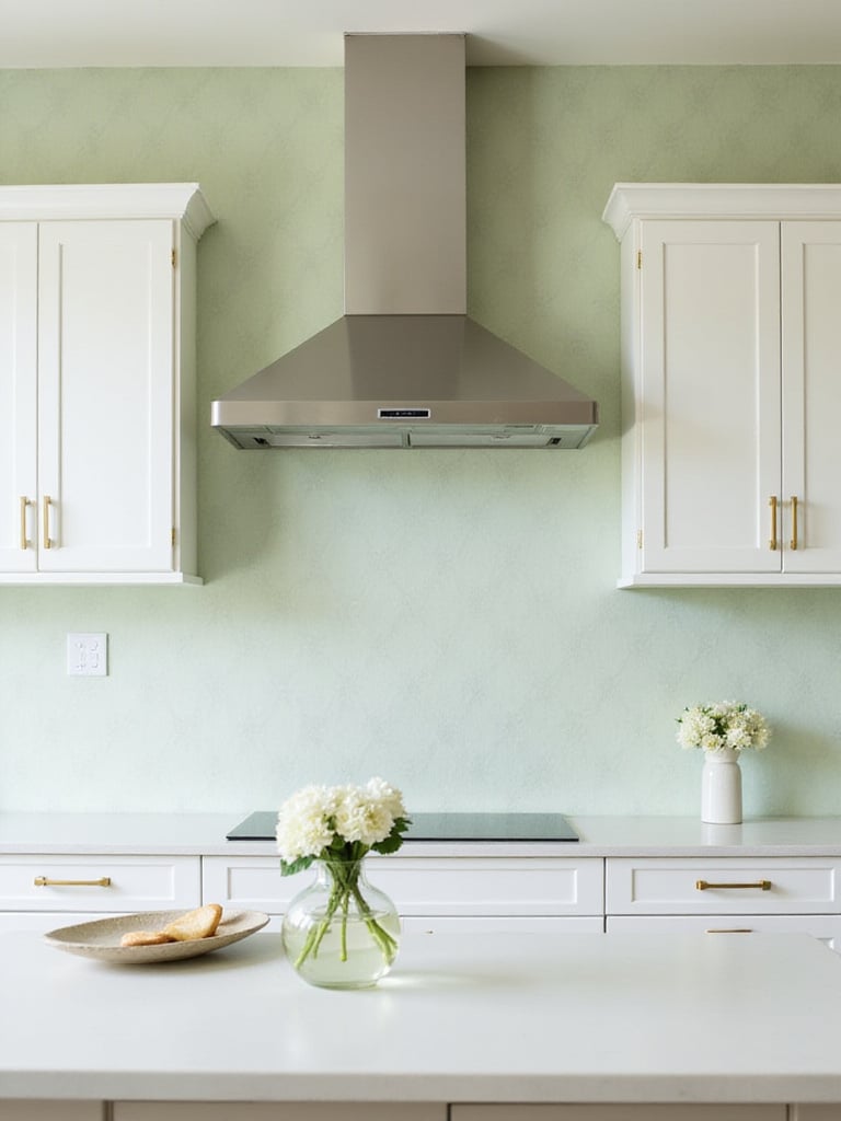 Kitchen with pastel green geometric wallpaper and white cabinets