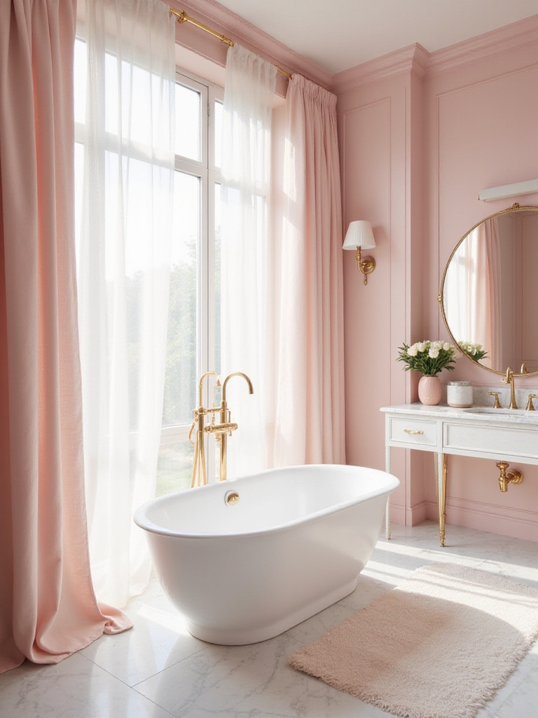 Soft pink bathroom with white bathtub and marble vanity