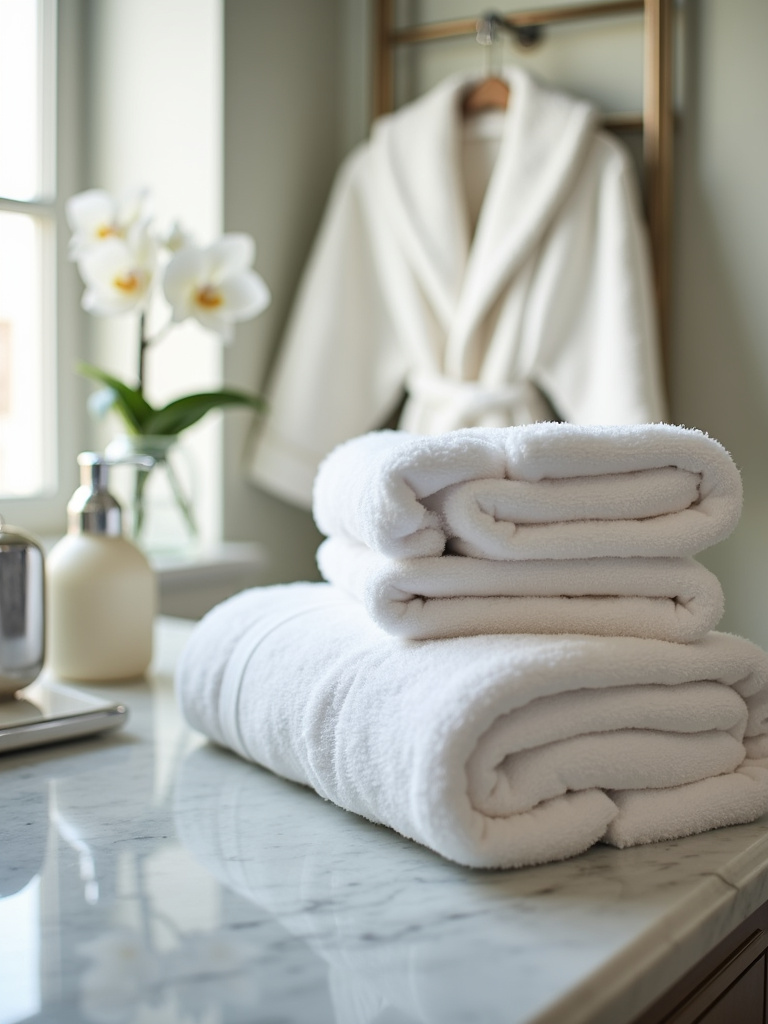 Plush Egyptian cotton towels and cashmere robe in a luxury bathroom
