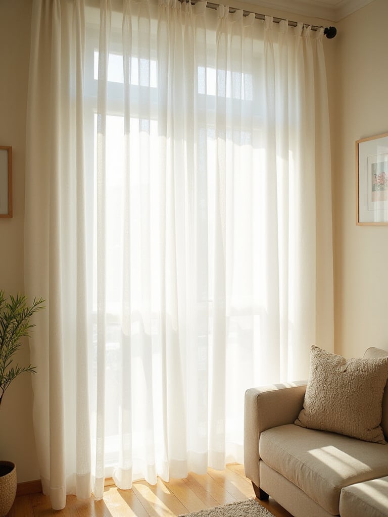 Living room with flowy sheer white curtains creating a soft and elegant atmosphere.