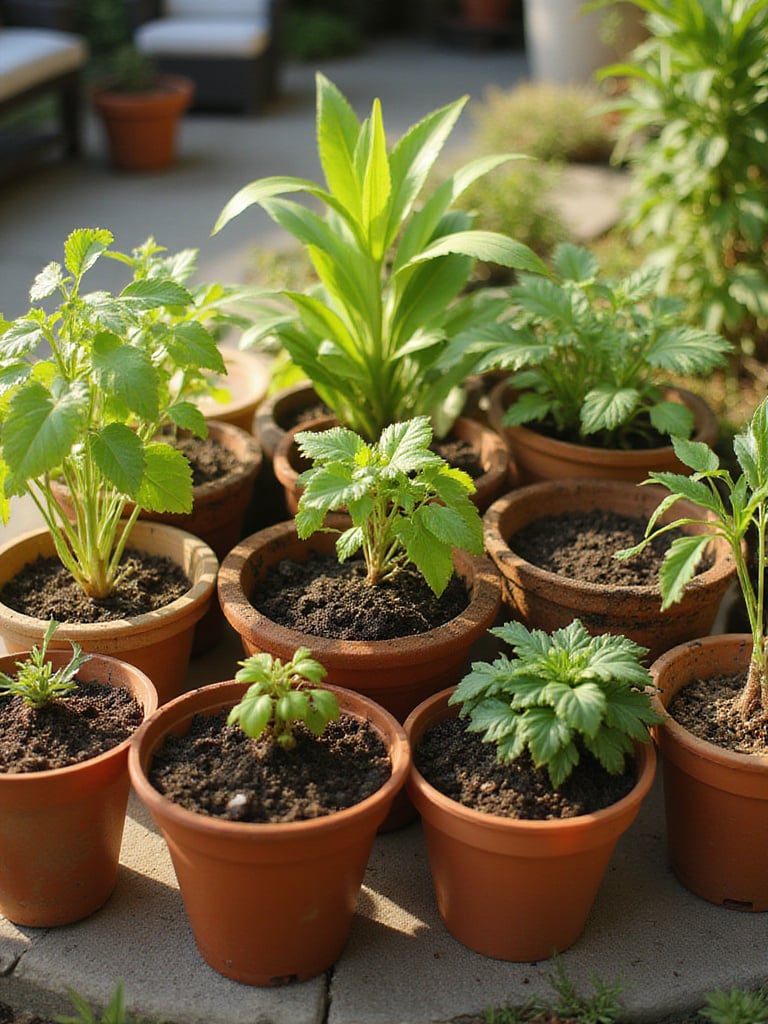 Healthy container garden soil mix supporting thriving plants in pots.