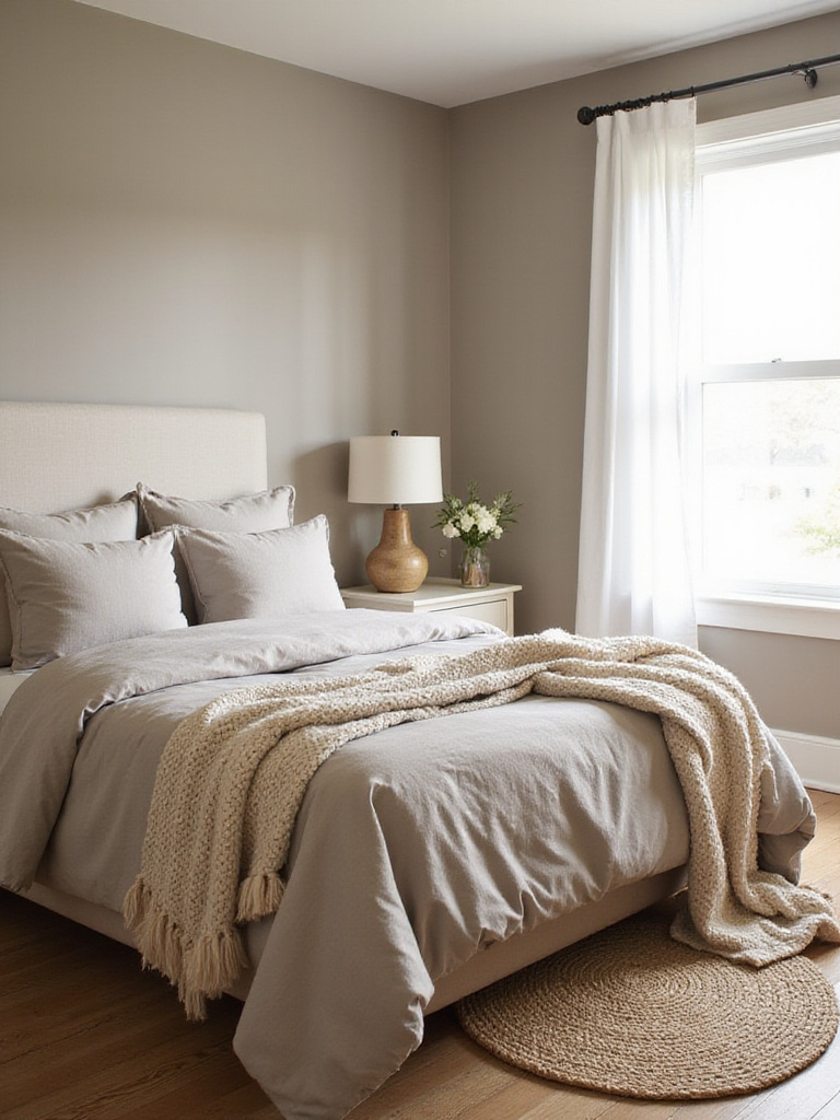 Serene taupe bedroom with linen bedding, jute rug, and natural light.