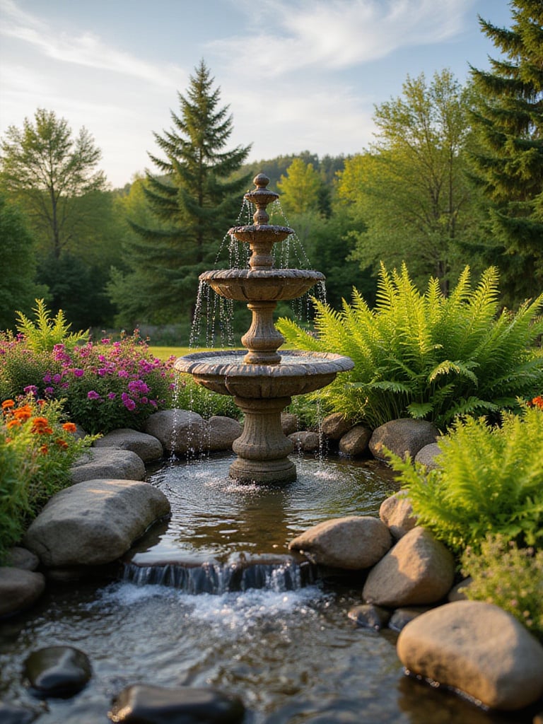 Backyard water fountain surrounded by lush greenery