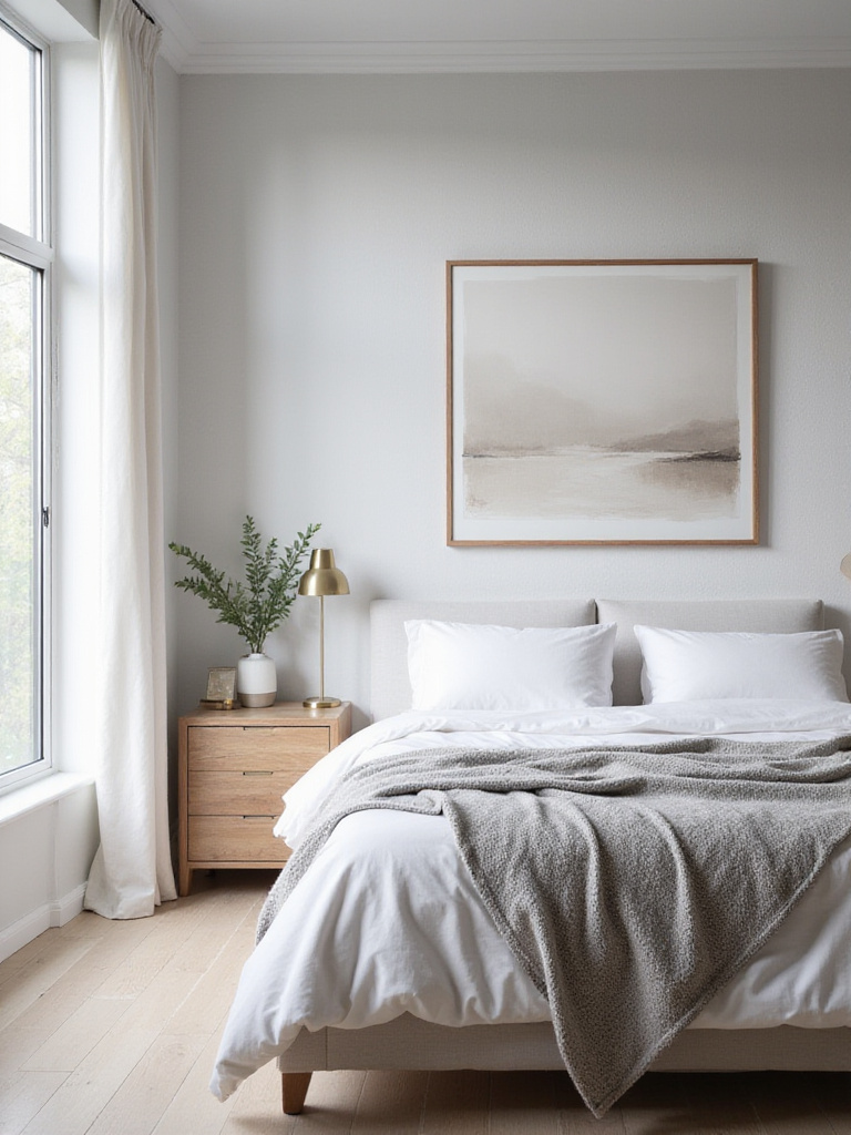 Sophisticated light gray bedroom with white linen bedding and natural wood accents.