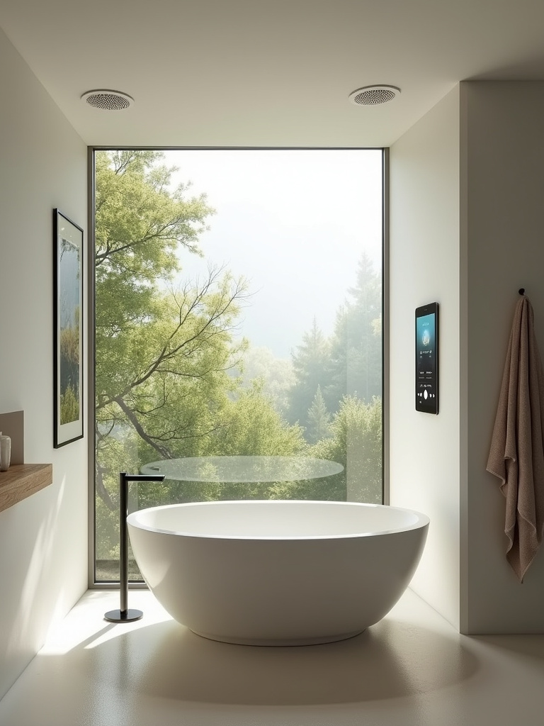 Luxury bathroom with built-in sound system and freestanding bathtub overlooking a garden.