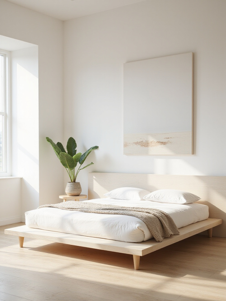 Minimalist bedroom with ample negative space, promoting calmness and relaxation.