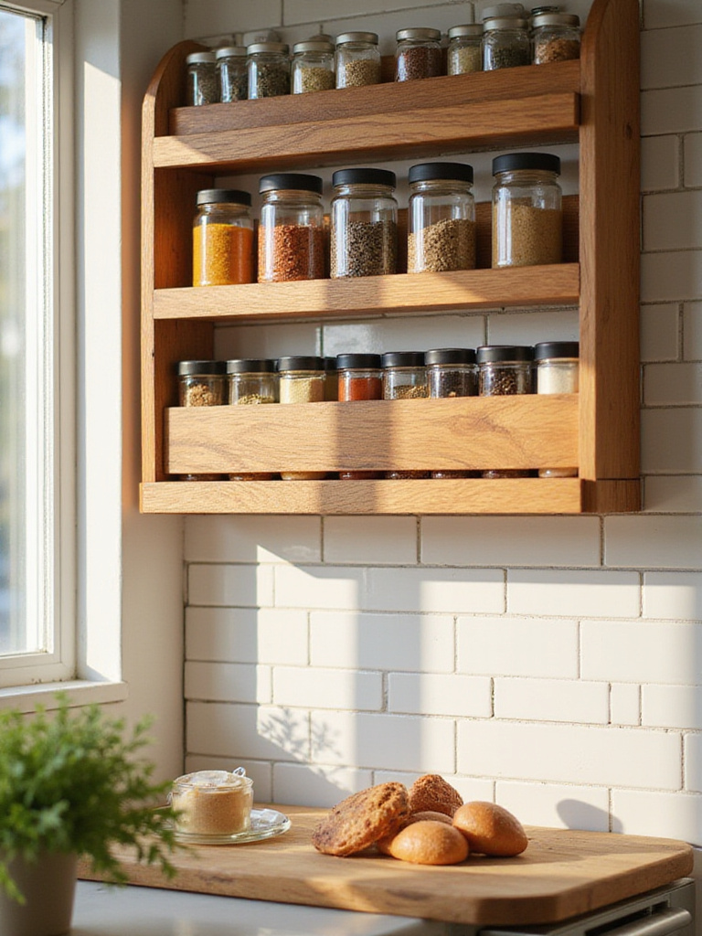 Well-organized spice rack with colorful spices in glass jars on a kitchen backsplash