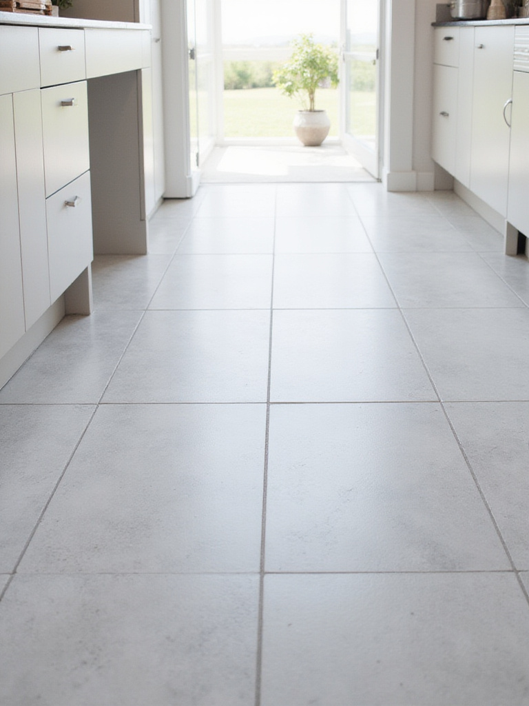 Modern kitchen floor with large grey square tiles.