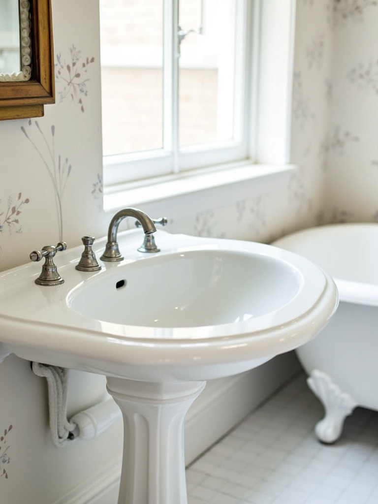 Vintage bathroom with a white porcelain pedestal sink and polished nickel faucet.