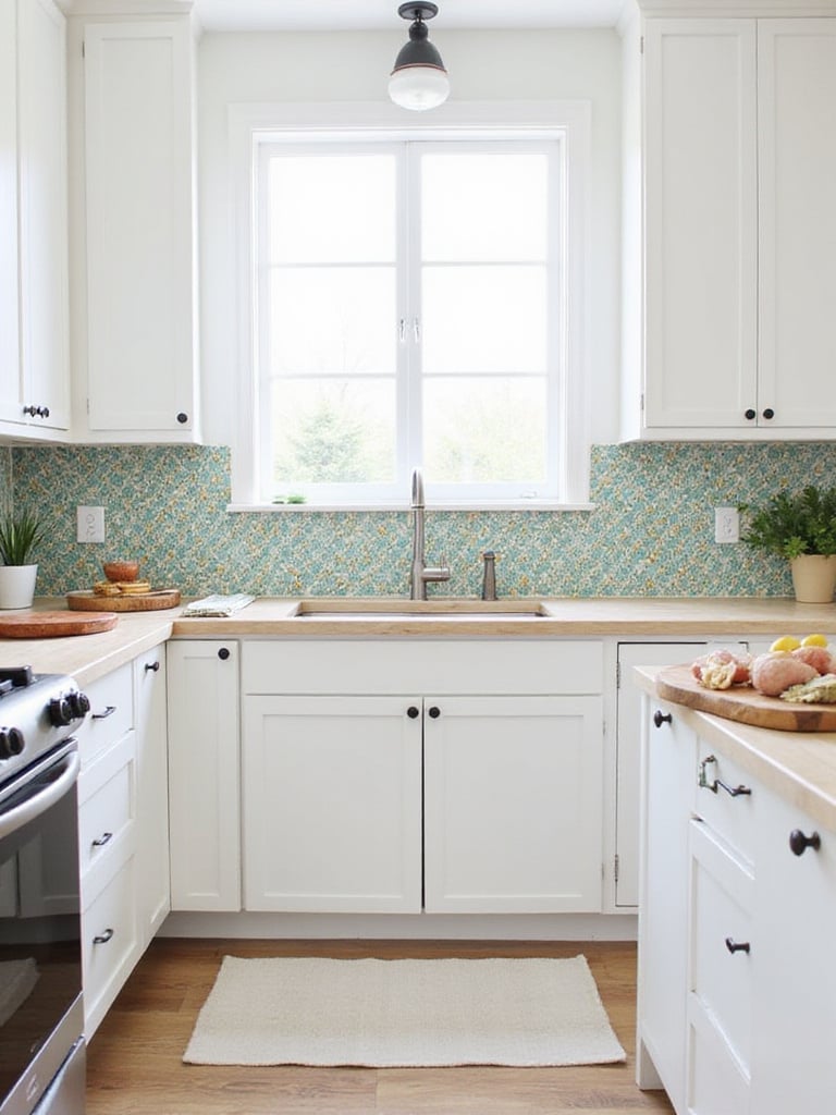 Modern kitchen with geometric teal, gold, and white tile backsplash