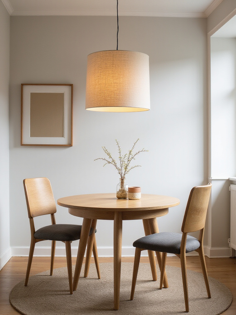 Small dining room with round table and linen drum pendant light.