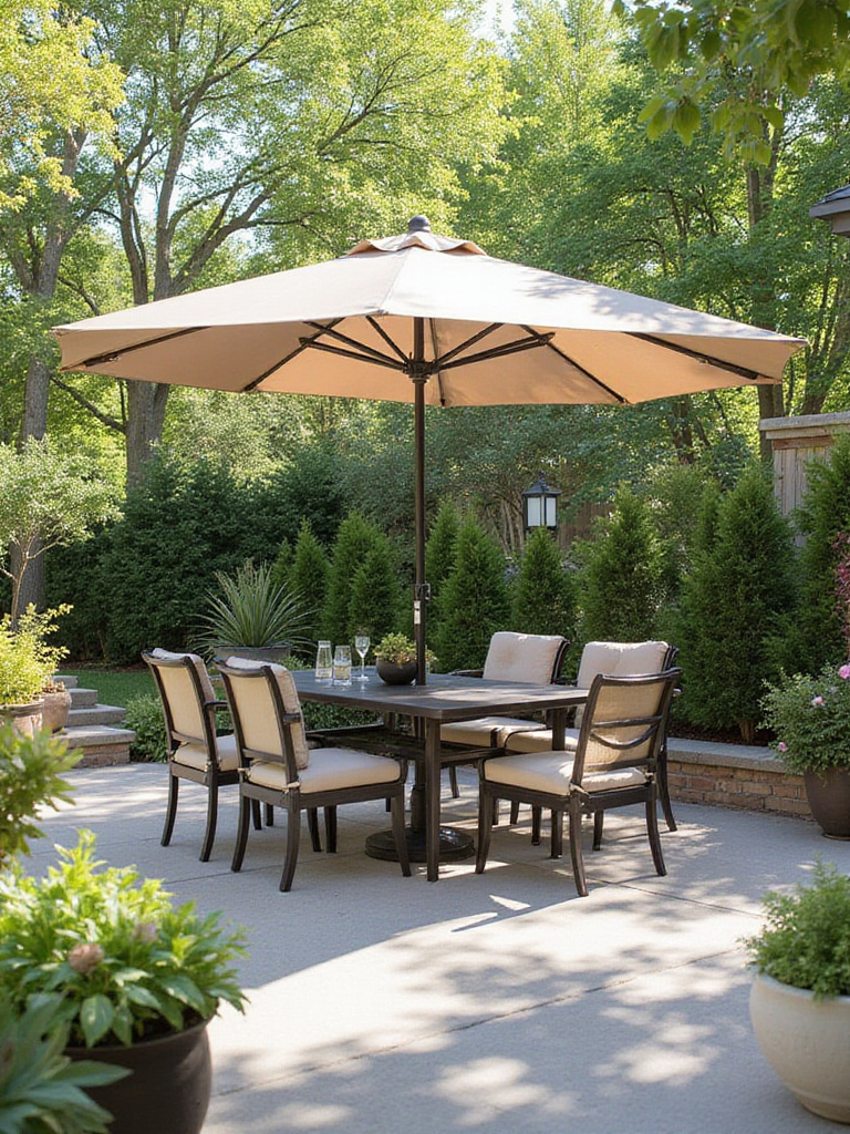 Patio with comfortable seating shaded by a large patio umbrella