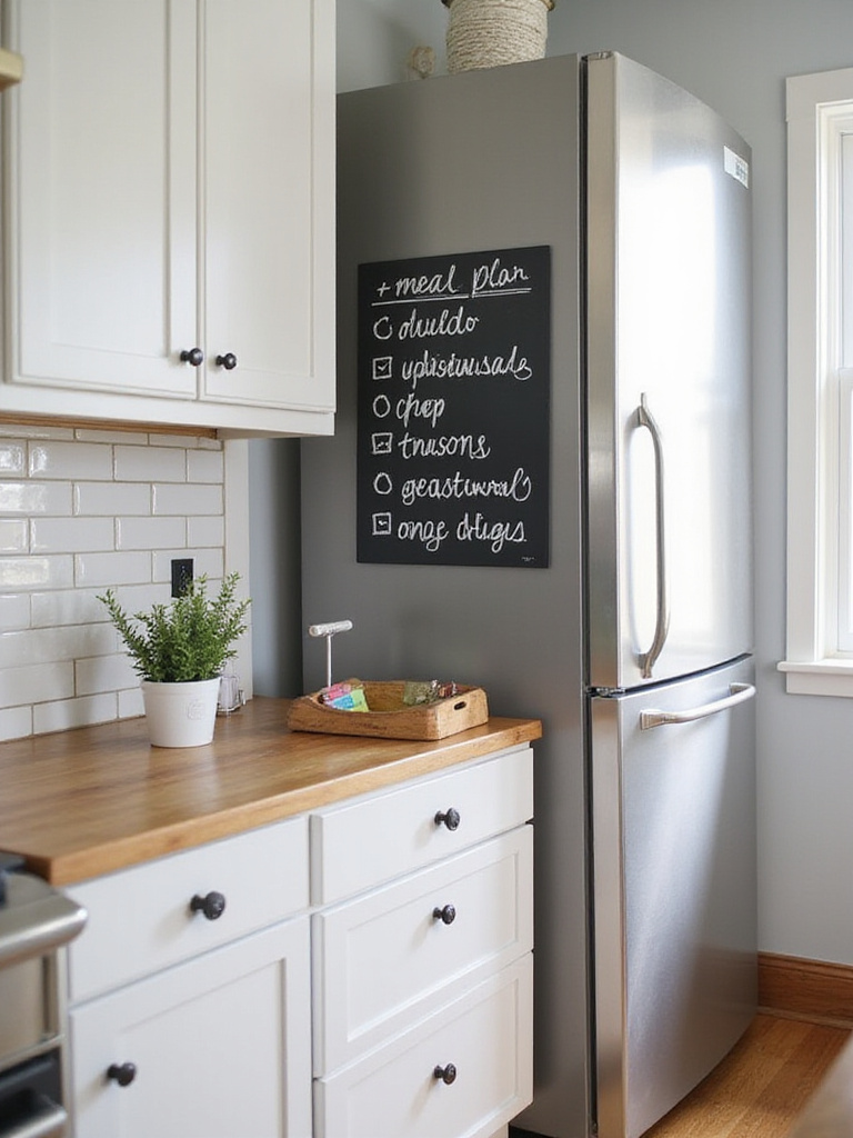 Modern farmhouse kitchen with chalkboard meal plan and wooden shelf