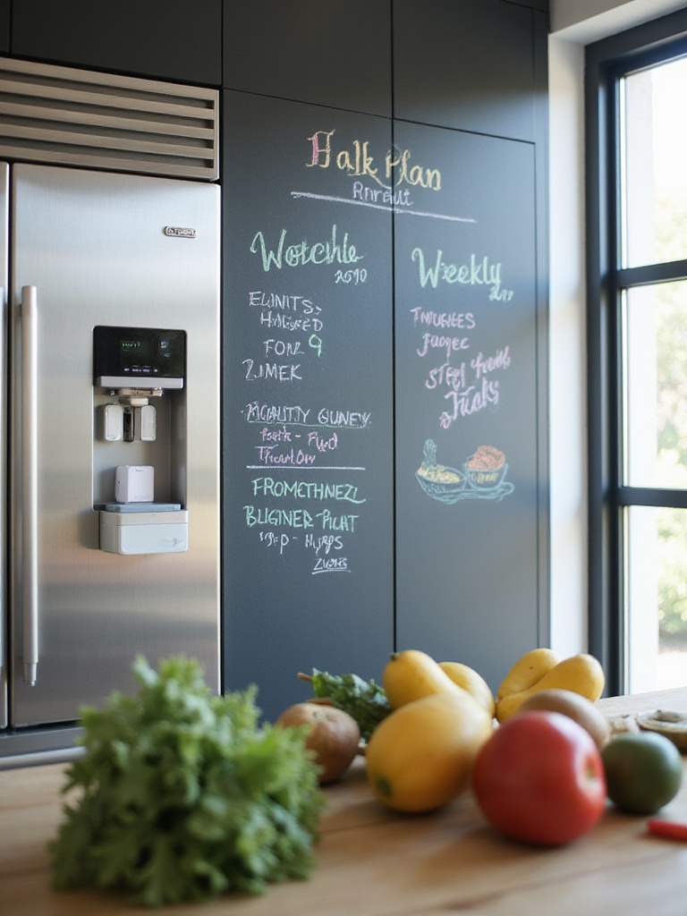 Chalkboard wall in modern kitchen displaying weekly meal plan.