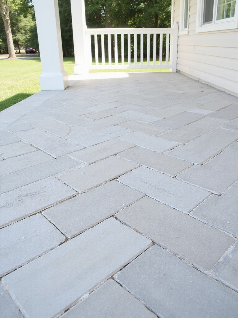 Porch with light gray herringbone pattern porcelain tile flooring.