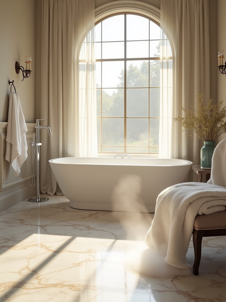 Luxurious bathroom with heated marble floors radiating warmth and comfort.
