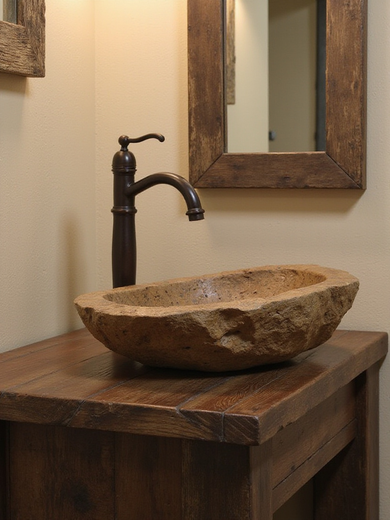 Rustic bathroom with river stone vessel sink and reclaimed wood vanity