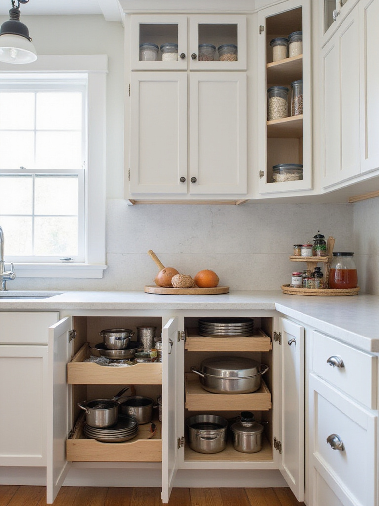 Well-organized kitchen cabinets with pull-out shelves, lazy Susan, and door-mounted racks maximizing storage space.