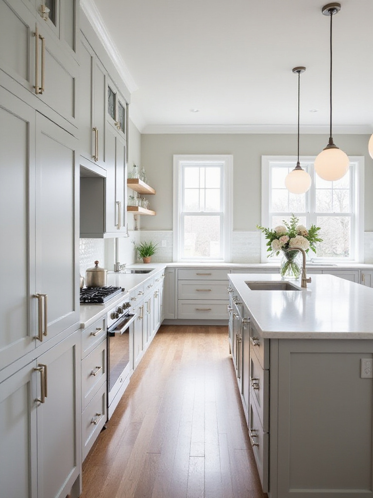 Transitional style kitchen with light gray shaker cabinets and white quartz countertops.