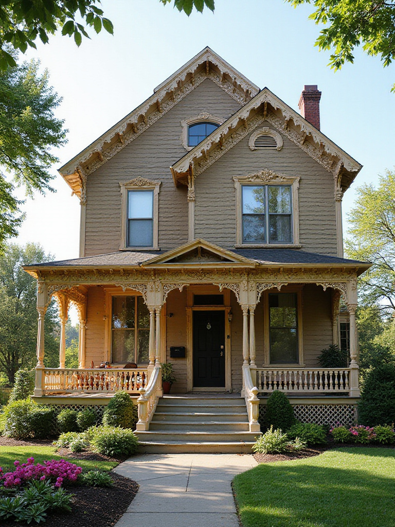 Victorian home with a beautifully detailed wraparound porch featuring ornate railings and gingerbread trim.
