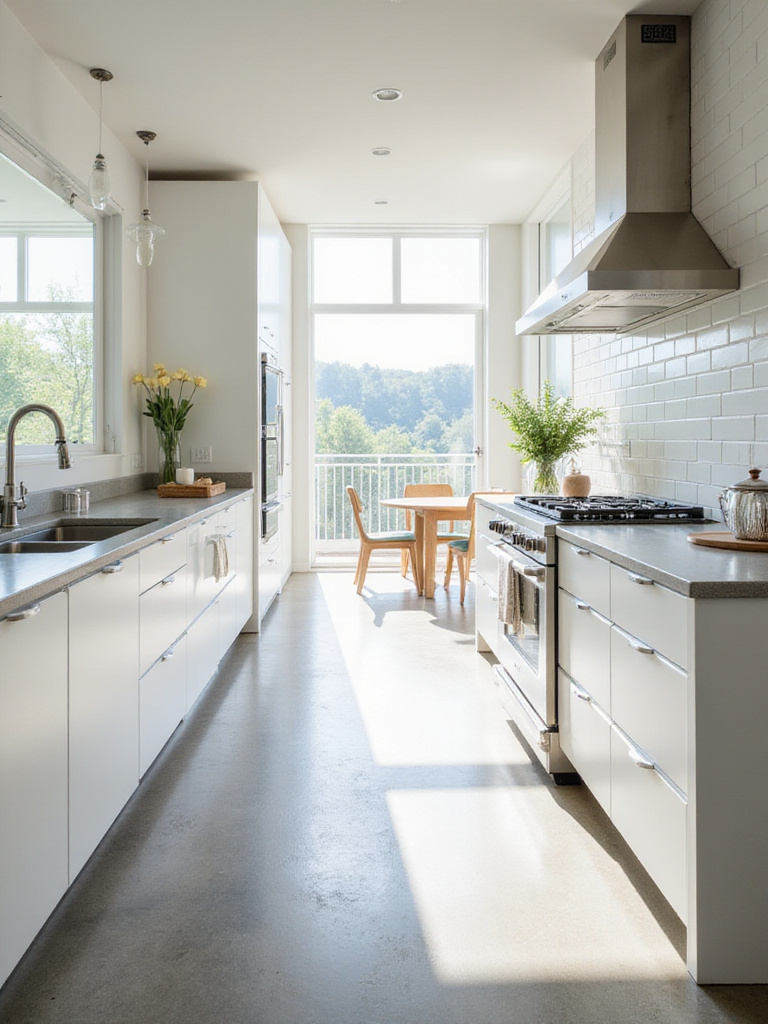 Modern kitchen with polished concrete flooring and white cabinets.