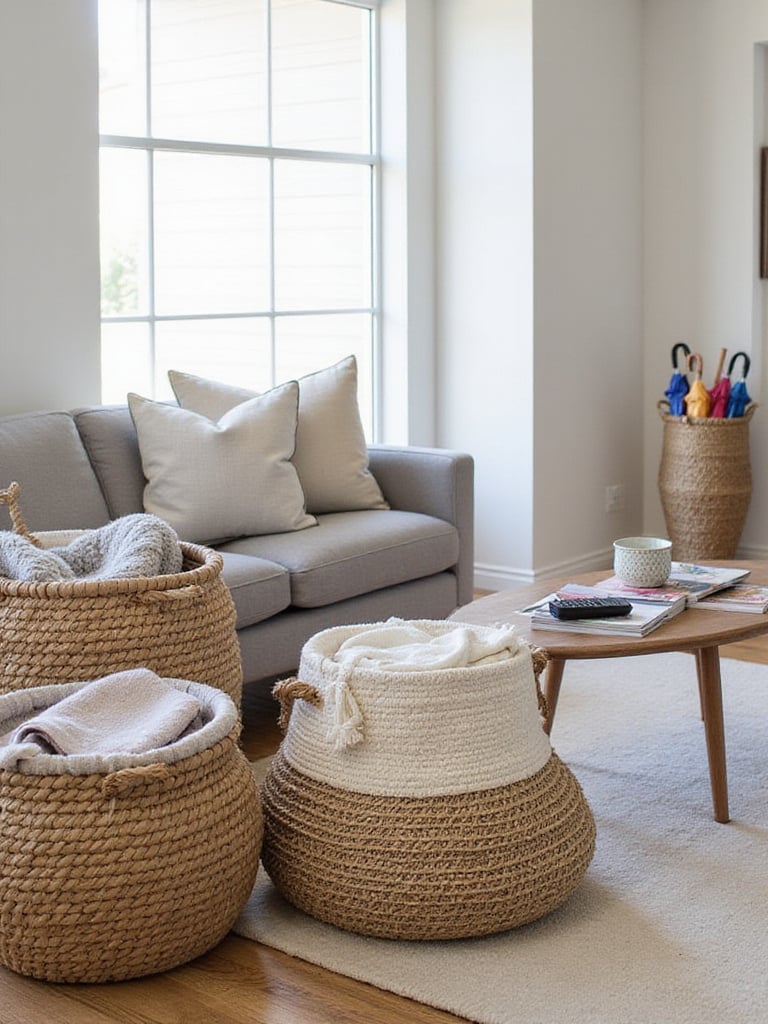 Living room with stylish decorative baskets used for storage