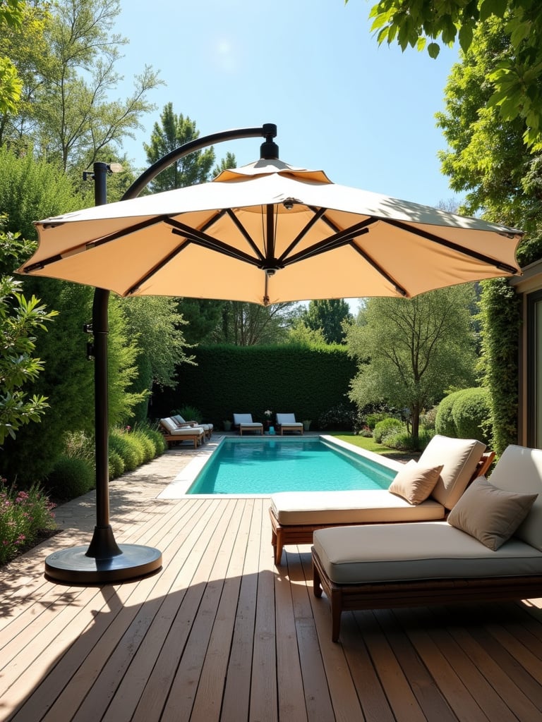 Stylish deck with cantilever umbrella providing shade over a comfortable seating area.