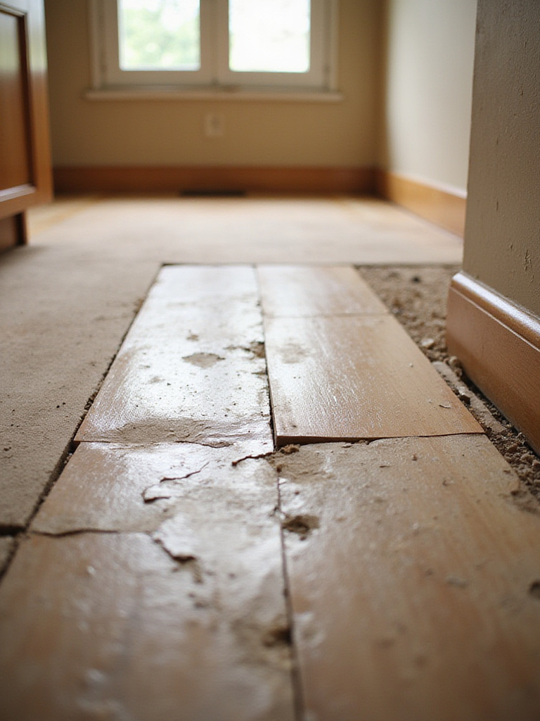 Kitchen subfloor exposed during flooring remodel, showing potential damage like cracks and stains.
