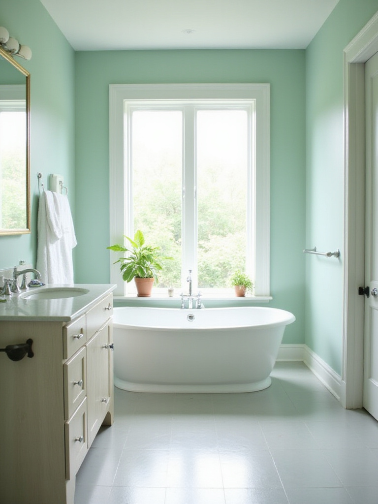 Light green bathroom with natural light and wood accents creating a relaxing spa-like oasis.