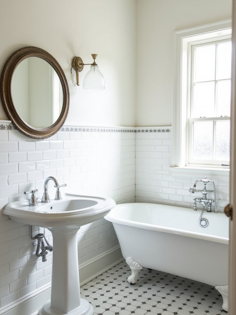 Vintage bathroom with classic white subway tile walls, clawfoot tub, and pedestal sink.