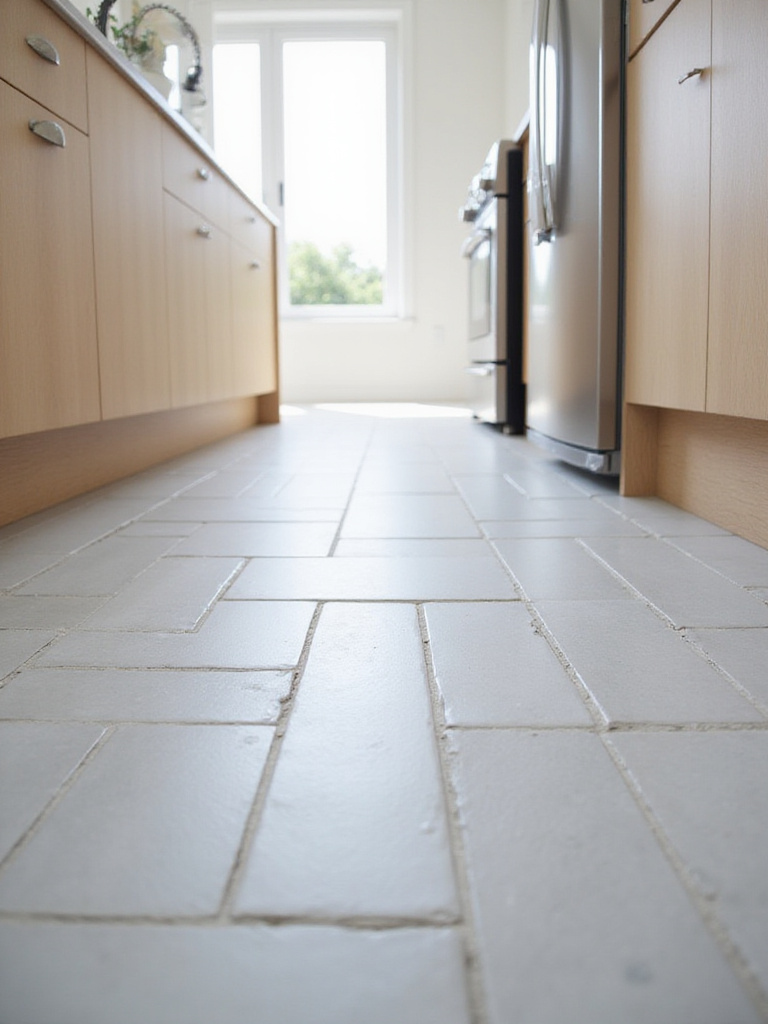Modern kitchen floor featuring large format gray subway tiles in a vertical stack pattern.