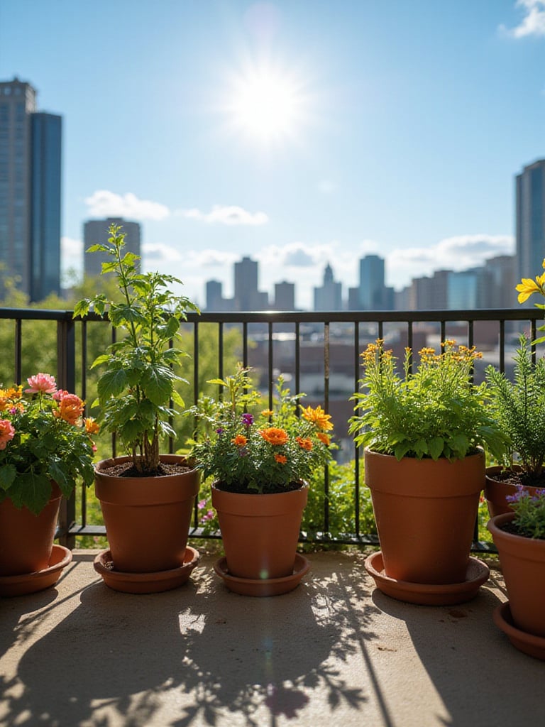 Container garden on a sunny balcony showing various plants in terracotta pots.