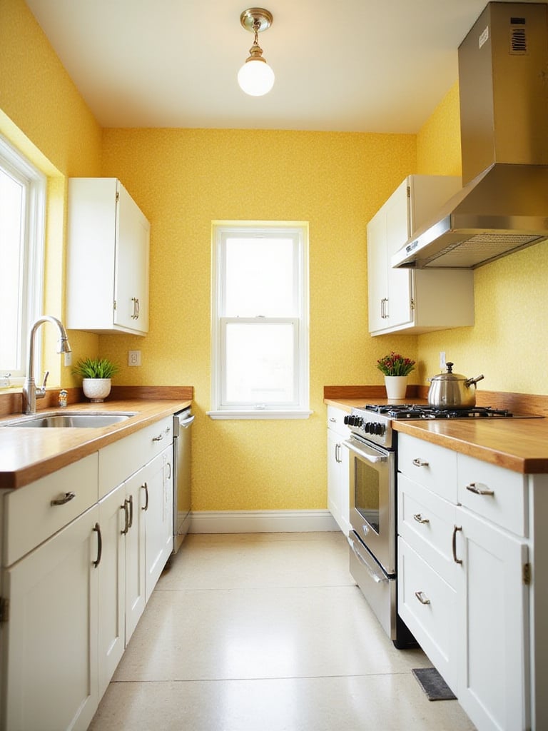 Kitchen with sunshine yellow geometric wallpaper and white cabinets.