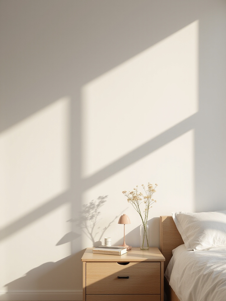 Minimalist bedroom nightstand with a lamp, book, and flower, emphasizing clear surfaces.