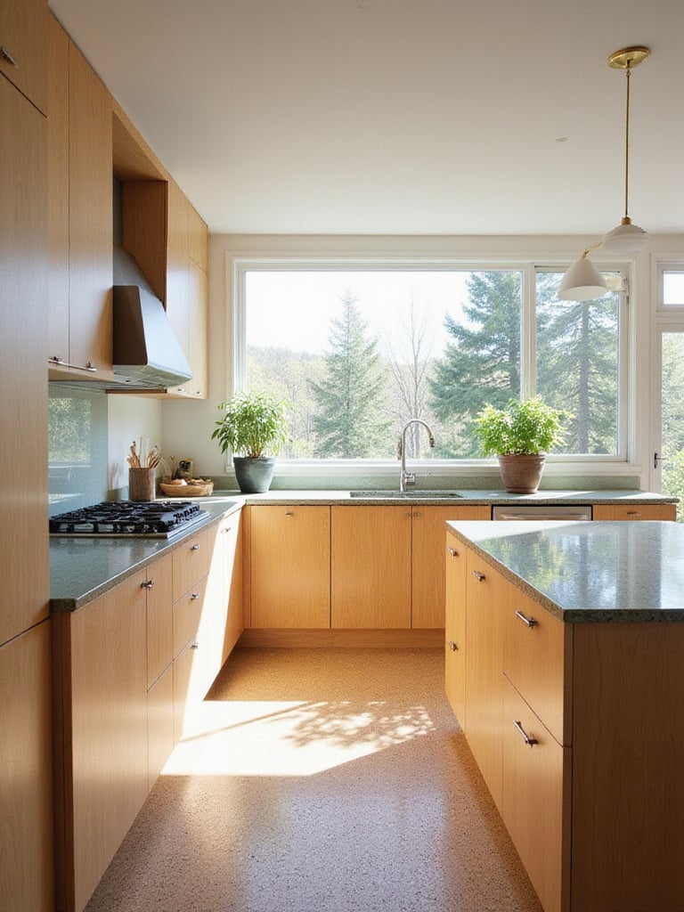Sustainable kitchen design featuring recycled glass countertops, bamboo cabinetry, and cork flooring.