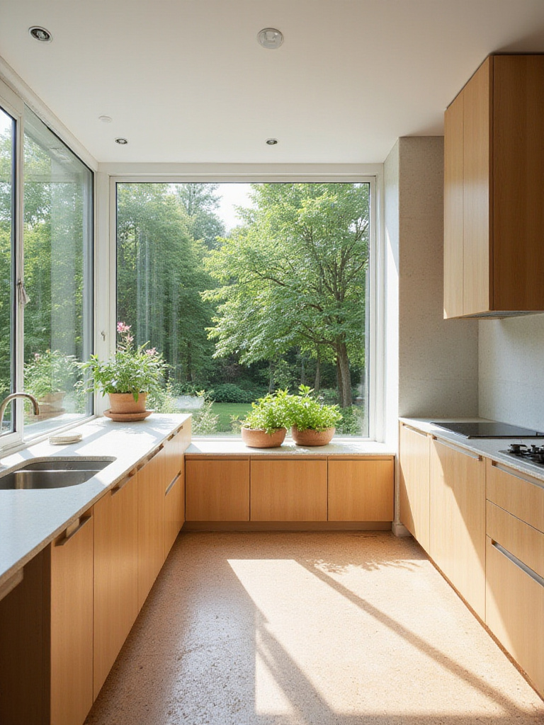 Bright, modern kitchen with sustainable materials like recycled glass countertops, bamboo cabinets, and cork flooring.