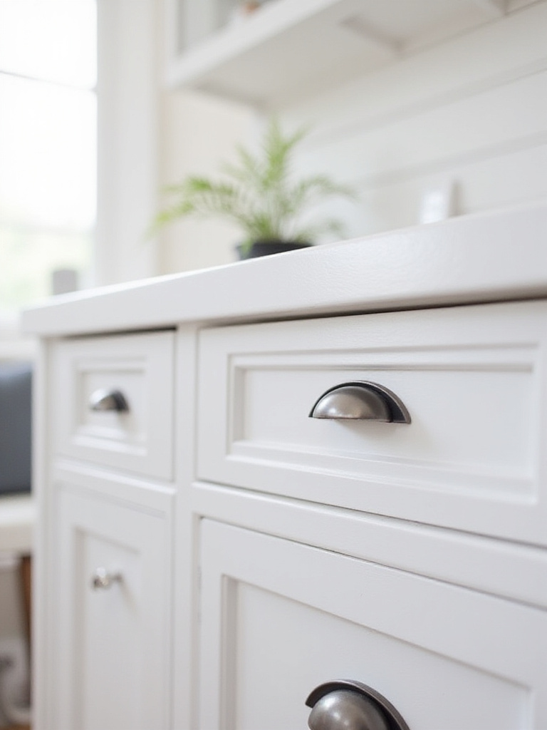 Kitchen cabinets updated with new brushed nickel knobs and matte black pulls.