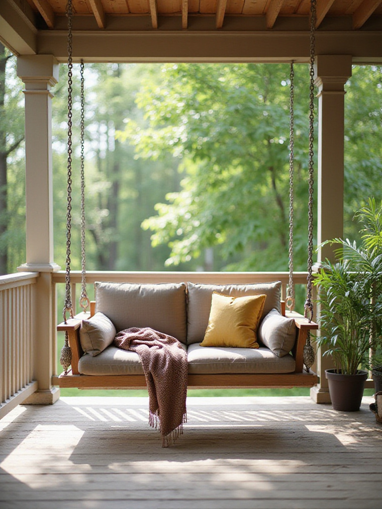 Inviting porch with a comfortable wooden swing, perfect for relaxation.