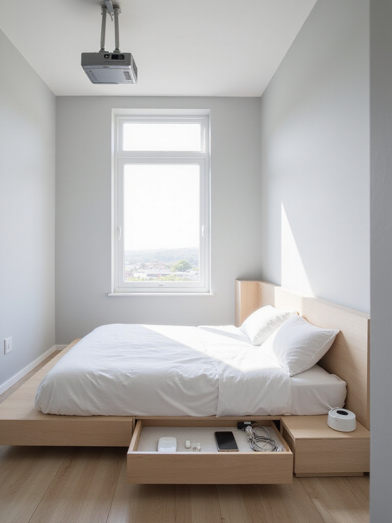 Minimalist bedroom with hidden technology, featuring a projector and concealed charging station.
