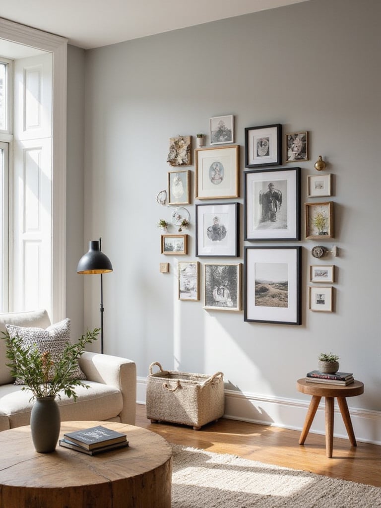 Personalized gallery wall in a modern living room with framed photos, artwork, and decorative objects.