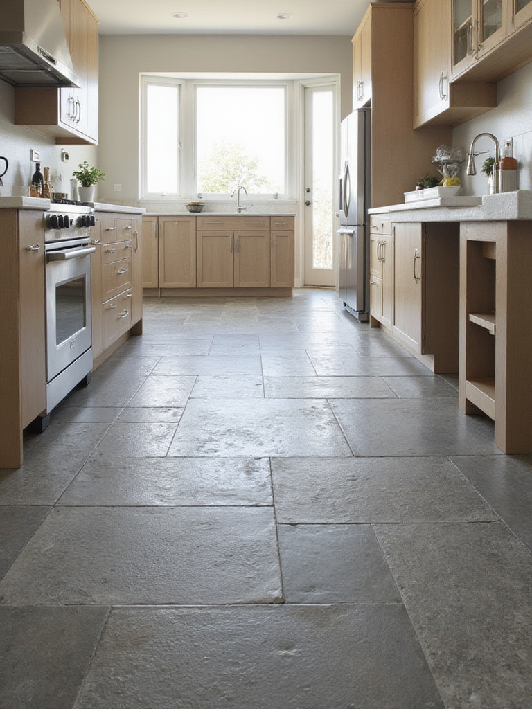 Modern kitchen featuring textured slate floor tiles in varying shades of grey.