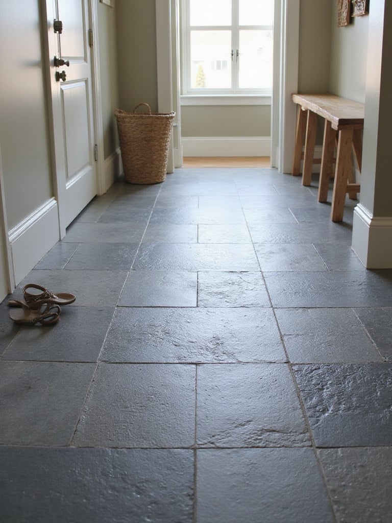 Textured slate tile flooring in a modern mudroom for enhanced grip and safety.