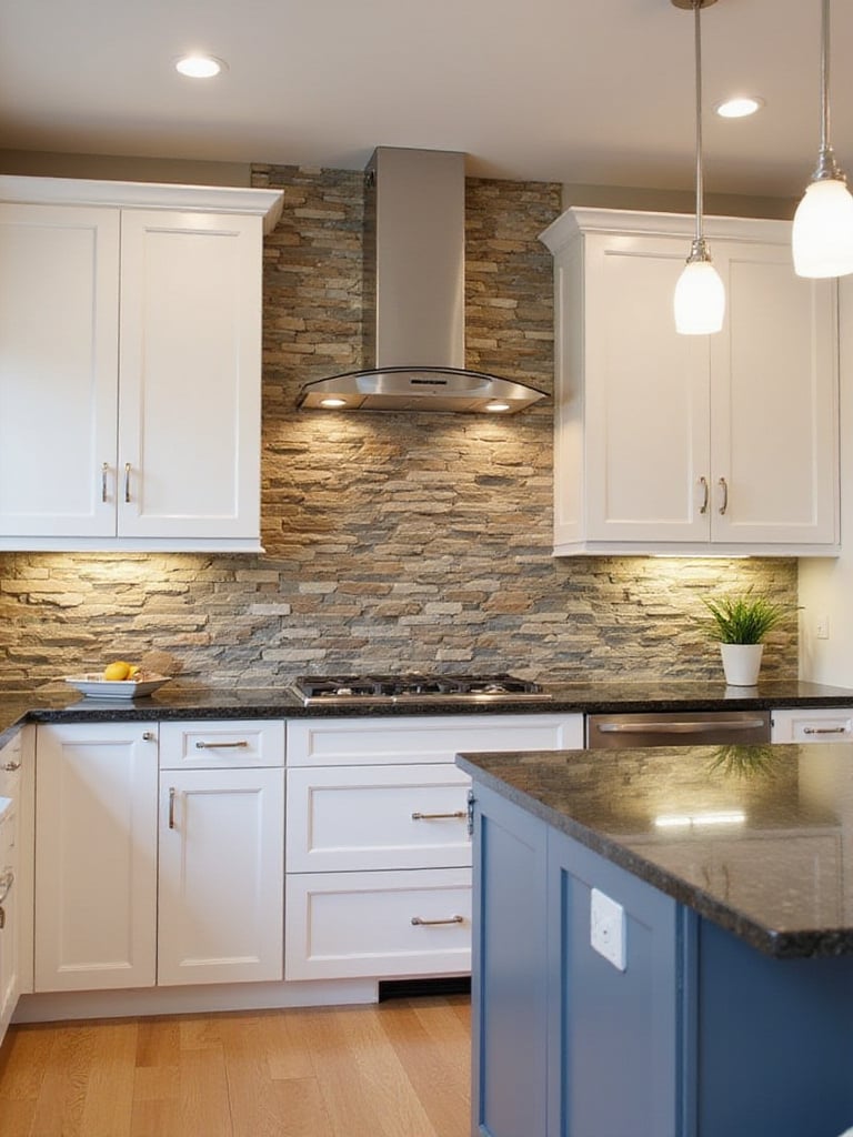 Modern kitchen with textured stone backsplash and neutral cabinets